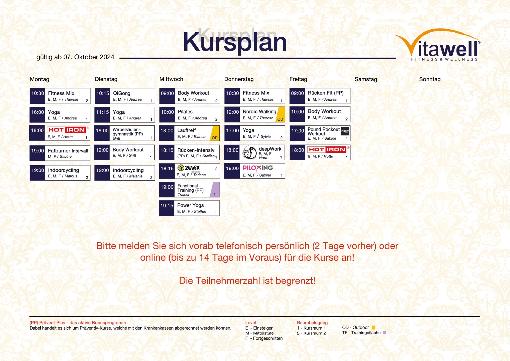 Neuer Vitawell Kursplan ab 07.10.2024! - Achtung: Änderungen!